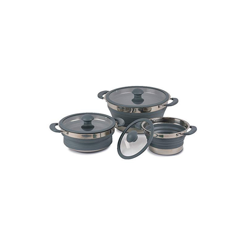 3er Set Faltbare Leichtgewichtstöpfe 1Liter, 1,5 Liter, 3 Liter - Jeder Camping Kochtopf aus Metall und Silikon - MINIMALES P 3er Set Faltbare Leichtgewichtstöpfe 1Liter, 1,5 Liter, 3 Liter - Jeder Camping Kochtopf aus Metall und Silikon - MINIMALES P
