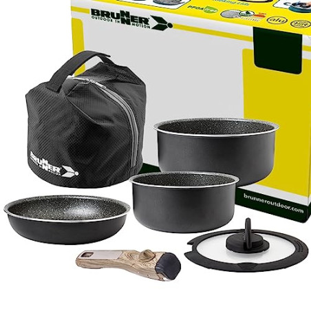 BRUNNER: Camping Kochgeschirr Alu-Topfset  Töpfe und Pfannen  - 5+1 teilig ø 22 cm Pirate SPACEMASTER - 1-2 Personen, Stapelb