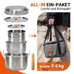 KingCamp Camping Kochset mit undichter Korb,Camping Kochgeschirr aus Edelstahl,Antihaftbeschichtete Pfanne,Camping TöpfeSet f
