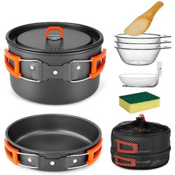 Odoland Camping Kochgeschirr Set, 9-Teilig Outdoor Geschirr Set mit Camping Topf 1L, Camping Bratpfanne 0.55L für Camping Out