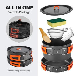 Odoland Camping Kochgeschirr Set, 9-Teilig Outdoor Geschirr Set mit Camping Topf 1L, Camping Bratpfanne 0.55L für Camping Out