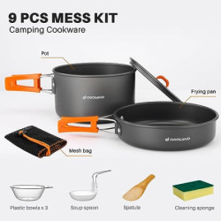 Odoland Camping Kochgeschirr Set, 9-Teilig Outdoor Geschirr Set mit Camping Topf 1L, Camping Bratpfanne 0.55L für Camping Out