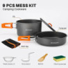 Odoland Camping Kochgeschirr Set, 9-Teilig Outdoor Geschirr Set mit Camping Topf 1L, Camping Bratpfanne 0.55L für Camping Out