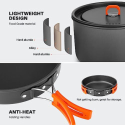 Odoland Camping Kochgeschirr Set, 9-Teilig Outdoor Geschirr Set mit Camping Topf 1L, Camping Bratpfanne 0.55L für Camping Out