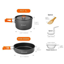 Odoland Camping Kochgeschirr Set, 9-Teilig Outdoor Geschirr Set mit Camping Topf 1L, Camping Bratpfanne 0.55L für Camping Out
