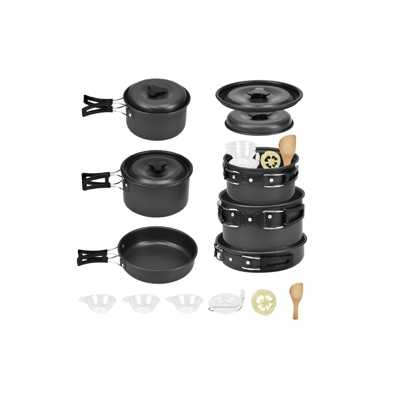 EMAGEREN Camping Geschirr Set 9 Teilige Camping Kochgeschirr Set 2-3 Personen Outdoor Camping Geschirr Set Kochtopf Set mit C