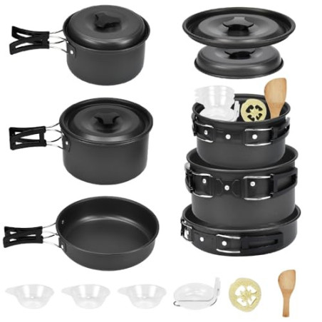 EMAGEREN Camping Geschirr Set 9 Teilige Camping Kochgeschirr Set 2-3 Personen Outdoor Camping Geschirr Set Kochtopf Set mit C