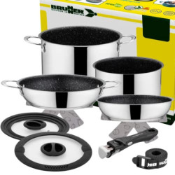 BRUNNER: Camping Topf-Set Edelstahl  Kochtöpfe, Bratpfanne & Griff  ø 22 cm - ACADEMY HIGH NG 7+1 Teilig - Elektro-Herd, Gask