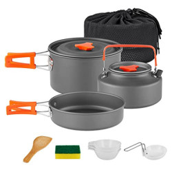 yETO Camping Kochtopf Set Alu-Topfset Wasserkocher mit Netztasche für Rucksackreisen, Camping Kochgeschirr Wandern und Pickni