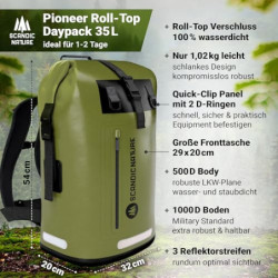 SCANDIC NATURE PIONEER 35L wasserdichter Rucksack oliv-grün mit Rolltop Verschluss - extra robust dank Boden mit 1000D PVC LK