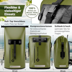 SCANDIC NATURE PIONEER 35L wasserdichter Rucksack oliv-grün mit Rolltop Verschluss - extra robust dank Boden mit 1000D PVC LK