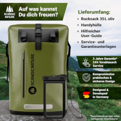 SCANDIC NATURE PIONEER 35L wasserdichter Rucksack oliv-grün mit Rolltop Verschluss - extra robust dank Boden mit 1000D PVC LK