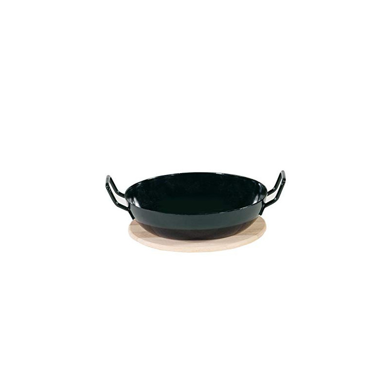 Karl Krüger 1220H Schlemmerpfanne mit Holzteller, 20 cm, Stahlemaille, schwarz, 20cm