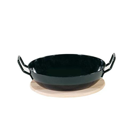 Karl Krüger 1220H Schlemmerpfanne mit Holzteller, 20 cm, Stahlemaille, schwarz, 20cm