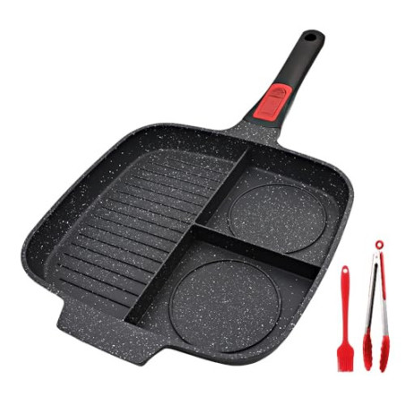 Bobikuke Multi Grillpfanne Induktion mit Abnehmbarer Griff, Steakpfanne 3 in 1 Antihaft Beschichtung Geteilte Bratpfanne, Kom