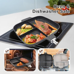 Bobikuke Multi Grillpfanne Induktion mit Abnehmbarer Griff, Steakpfanne 3 in 1 Antihaft Beschichtung Geteilte Bratpfanne, Kom