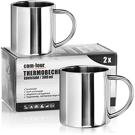 com-four® 2x Edelstahl Thermobecher - 300 ml je Becher - Isolierbecher doppelwandig - Kaffeetasse bruchsicher - Thermo-Trinkb