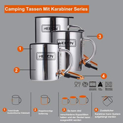 HEECN® Camping Becher Mit Deckel und Karabiner - Edelstahl Tasse - Thermo - Kaffeebecher - Doppelwandige Isolierbecher BPA-fr