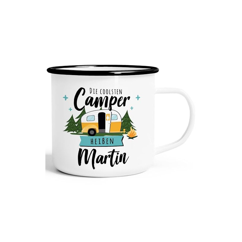 SpecialMe® Emaille-Tasse Camping Wohnmobil personalisiert mit Namen persönliche Geschenke für Camper weiß-schwarz Emailletass