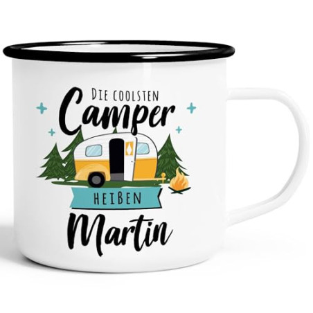 SpecialMe® Emaille-Tasse Camping Wohnmobil personalisiert mit Namen persönliche Geschenke für Camper weiß-schwarz Emailletass