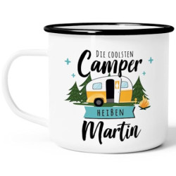 SpecialMe® Emaille-Tasse Camping Wohnmobil personalisiert mit Namen persönliche Geschenke für Camper weiß-schwarz Emailletass