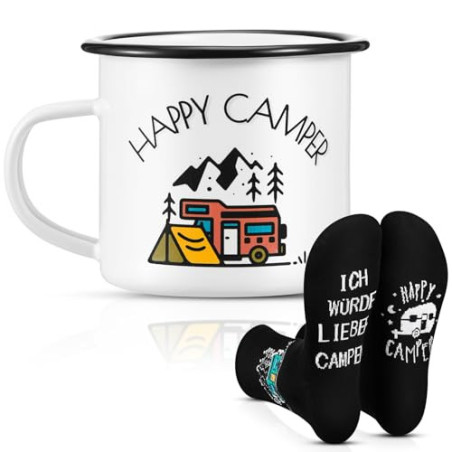 Perthlin 2 Stücke Camping Geschenke 1 Camping Emailletasse 1 Paar Camper Socken Wohnwagen Camper Tasse Emaille-Weiß-Schwarz S