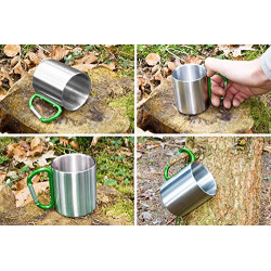 Outdoor Saxx® - Robuste Camping-Tasse mit Karabiner-Griff, Edelstahl, 250 ml  silber/grün 