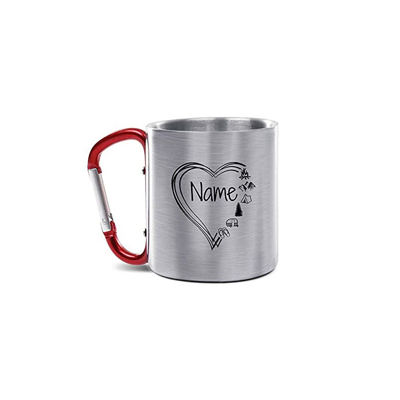 Tassendruck Karabiner Edelstahltasse - mit Herz-Motiv - mit Name selbst gestalten - Geschenk für Camper, Campingtasse, Outdoo