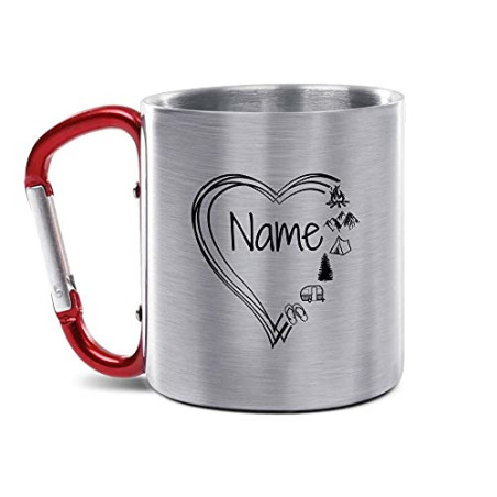 Tassendruck Karabiner Edelstahltasse - mit Herz-Motiv - mit Name selbst gestalten - Geschenk für Camper, Campingtasse, Outdoo