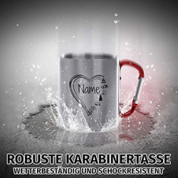 Tassendruck Karabiner Edelstahltasse - mit Herz-Motiv - mit Name selbst gestalten - Geschenk für Camper, Campingtasse, Outdoo