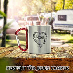 Tassendruck Karabiner Edelstahltasse - mit Herz-Motiv - mit Name selbst gestalten - Geschenk für Camper, Campingtasse, Outdoo