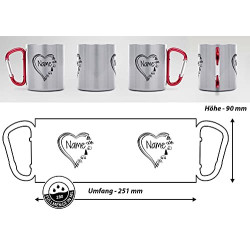 Tassendruck Karabiner Edelstahltasse - mit Herz-Motiv - mit Name selbst gestalten - Geschenk für Camper, Campingtasse, Outdoo
