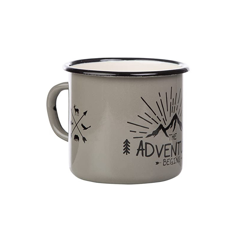 MUGSY Emaille Tasse mit Spruch The Adventure Begins, 330 ml, Camping Tasse, Camping Ausrüstung, Retro Design I Grau