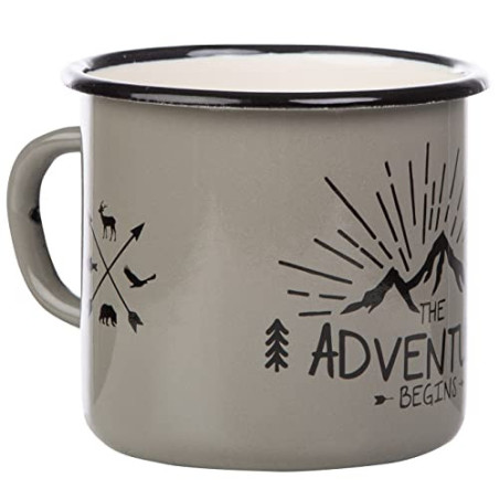 MUGSY Emaille Tasse mit Spruch The Adventure Begins, 330 ml, Camping Tasse, Camping Ausrüstung, Retro Design I Grau