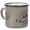 MUGSY Emaille Tasse mit Spruch The Adventure Begins, 330 ml, Camping Tasse, Camping Ausrüstung, Retro Design I Grau