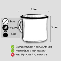 MUGSY Emaille Tasse mit Spruch The Adventure Begins, 330 ml, Camping Tasse, Camping Ausrüstung, Retro Design I Grau