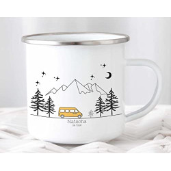 Little Mathilda Emaille Tasse bunter Camper Van Camping personalisierte Campingtasse mit Namen Kaffeetasse Zubehör Wohnwagen 