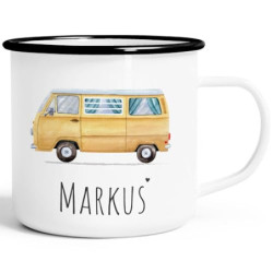 SpecialMe® Emaille-Tasse Camping Bus Camper personalisierter Emaillbecher mit Namen persönliche Geschenke emaille-weiß-schwar
