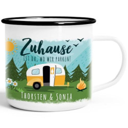 SpecialMe® Emailletasse personalisiert mit Namen Zuhause ist da wo wir parken Wohnwagen Camping Geschenke emaille-weiß-schwar