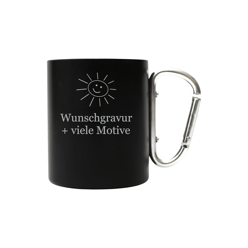 Karabiner Tasse Schwarz 250 ml mit personalisierter Gravur, Name, Spruch, Motiv - individuelle Rucksacktasse, lustiges Outdoo