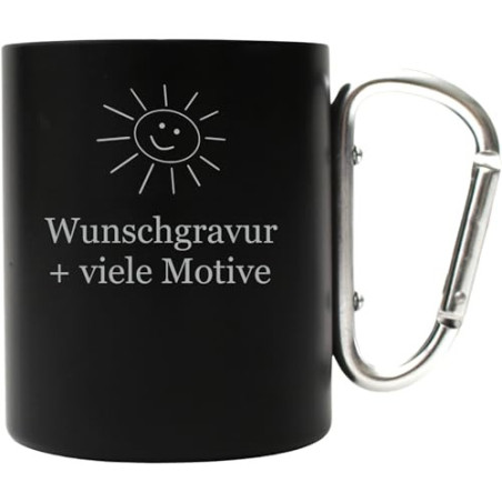 Karabiner Tasse Schwarz 250 ml mit personalisierter Gravur, Name, Spruch, Motiv - individuelle Rucksacktasse, lustiges Outdoo
