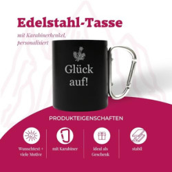 Karabiner Tasse Schwarz 250 ml mit personalisierter Gravur, Name, Spruch, Motiv - individuelle Rucksacktasse, lustiges Outdoo