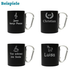 Karabiner Tasse Schwarz 250 ml mit personalisierter Gravur, Name, Spruch, Motiv - individuelle Rucksacktasse, lustiges Outdoo