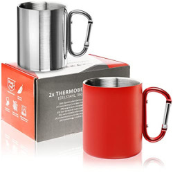Robin Goods® 2x Edelstahl-Thermobecher mit Karabinergriff - 350 ml je Kaffeetasse - Thermo-Trinkbecher bruchsicher - doppelwa