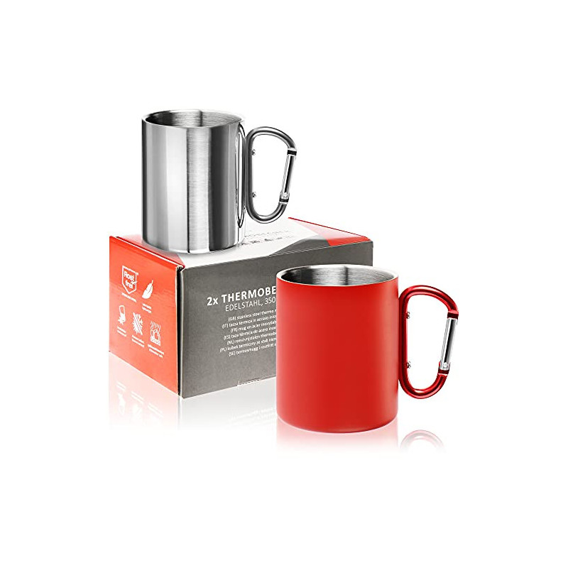 Robin Goods® 2x Edelstahl-Thermobecher mit Karabinergriff - 350 ml je Kaffeetasse - Thermo-Trinkbecher bruchsicher - doppelwa