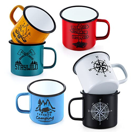 Emaille Tasse 6er-Set, Joyfair 455 ml Bunte Kaffeetassen - Blau/Rot/Grün/Gelb/Schwarz/Weiß, Trinkbecher Teetasse für Camping,