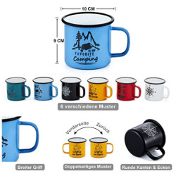 Emaille Tasse 6er-Set, Joyfair 455 ml Bunte Kaffeetassen - Blau/Rot/Grün/Gelb/Schwarz/Weiß, Trinkbecher Teetasse für Camping,