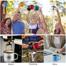 Emaille Tasse 6er-Set, Joyfair 455 ml Bunte Kaffeetassen - Blau/Rot/Grün/Gelb/Schwarz/Weiß, Trinkbecher Teetasse für Camping,