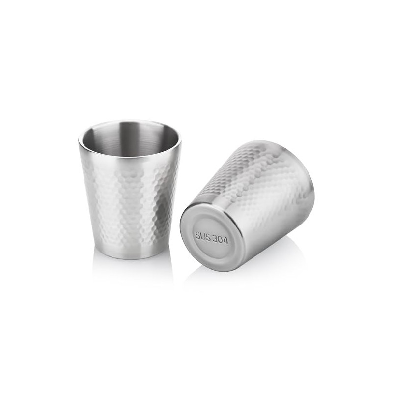 Hejo 2 Stück Edelstahlbecher, 300ml Metallbecher Ohne Henkel, Stapelbar Doppelwandig Isoliert Hammermuster Camping Tassen, Br