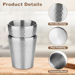 Hejo 2 Stück Edelstahlbecher, 300ml Metallbecher Ohne Henkel, Stapelbar Doppelwandig Isoliert Hammermuster Camping Tassen, Br